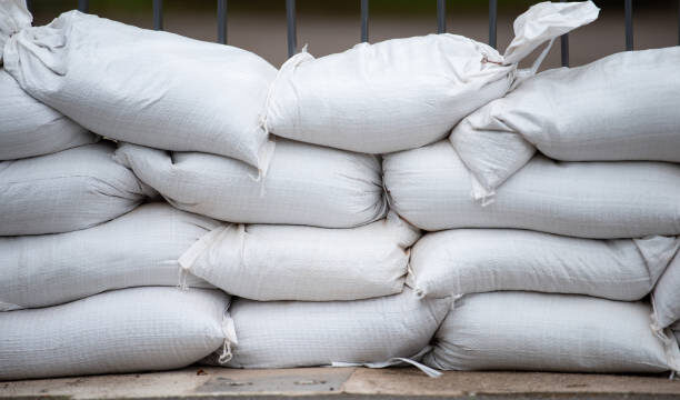 Sandbags for flood defense, river Moselle Trier in Rhineland Palatinate, flooded trees and paths, high water level, climate change