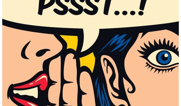 Pop Art style comic book panel gossip girl whispering in ear secrets with speech bubble, rumor, word-of-mouth concept vector illustration